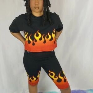 Flame Print Crop Top & Biker Shorts Set | Stretch Two-Piece Lounge Outfit